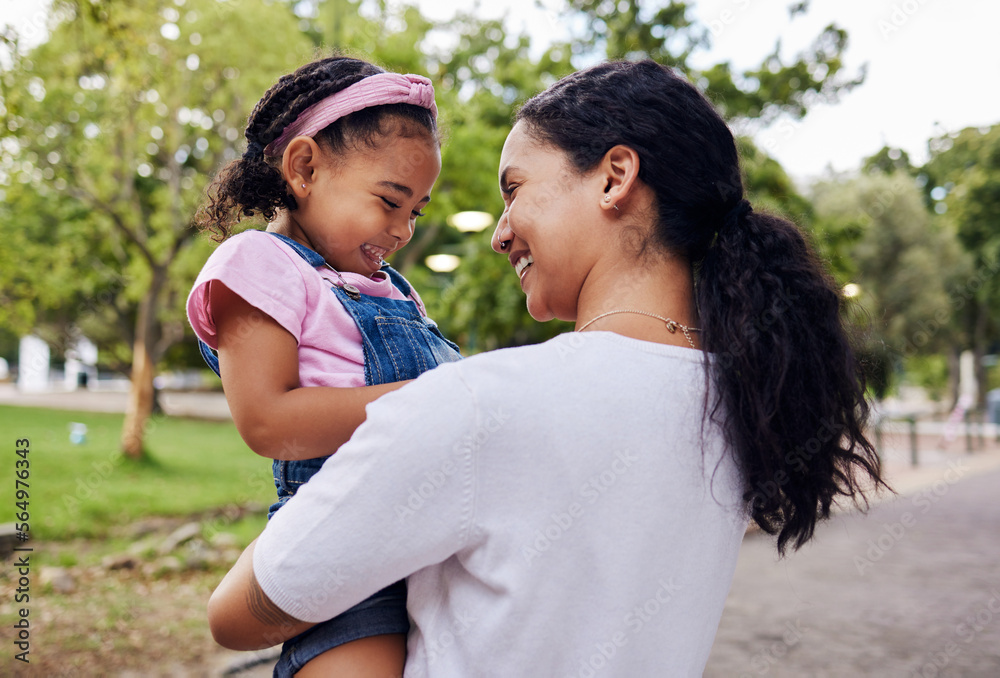 Happy, family and mother with daughter in a park, laughing and playing while bonding outdoor togethe