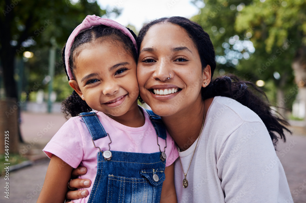 Family, face and mom with kid in park, portrait with hug and fun day outdoor, love and care in natur