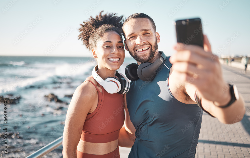 Fitness, couple and phone with smile for selfie, running exercise or workout in the outdoors. Happy 