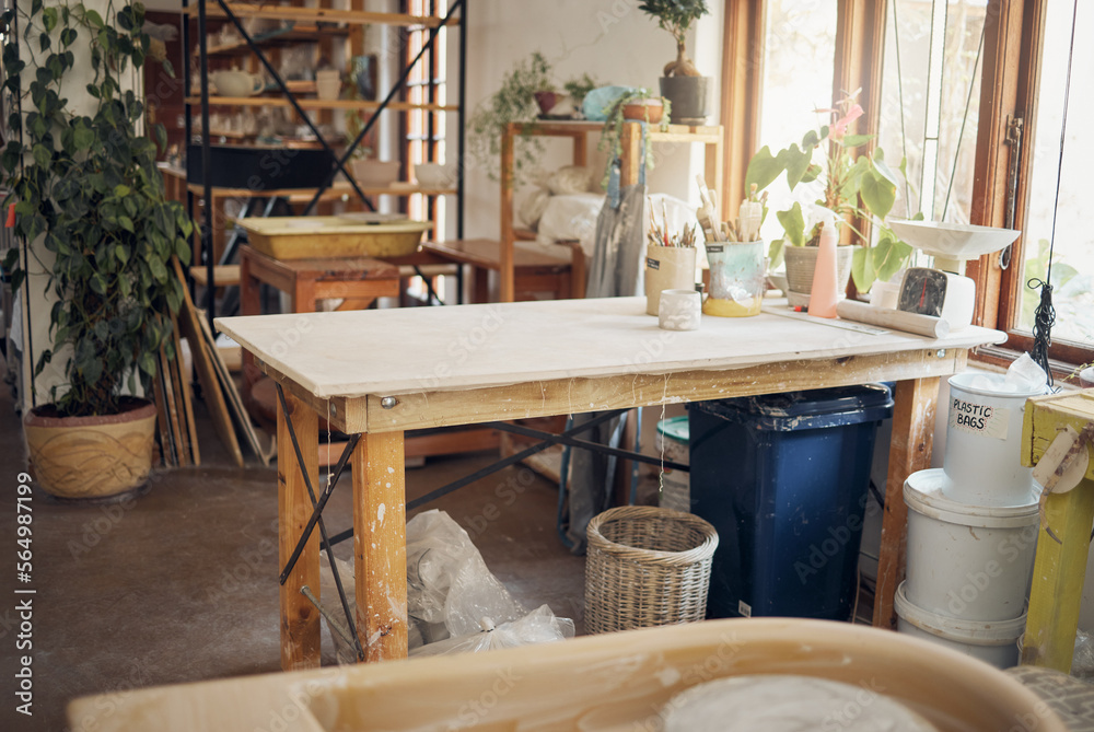 Creative, art and pottery with empty room of workshop for design, manufacturing and small business. 