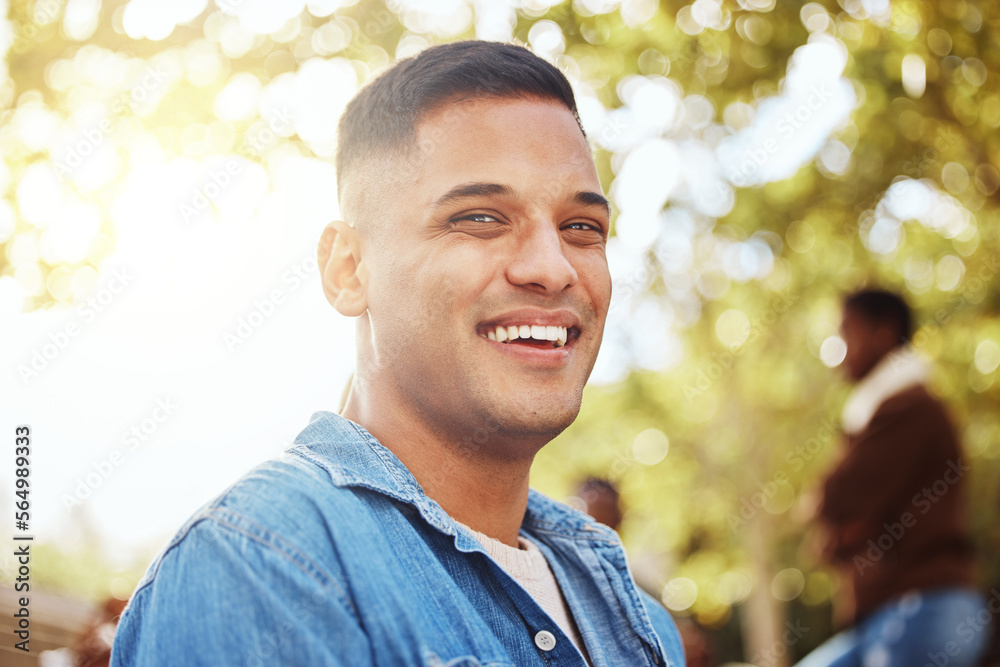 University, student portrait and man at park in campus ready for learning goals, studying targets or