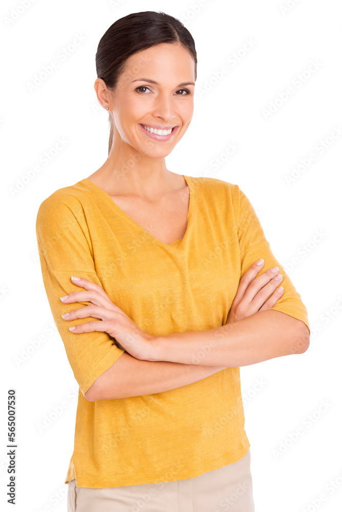 Cropped shot of a casually dressed young woman smiling isolated on a PNG background.