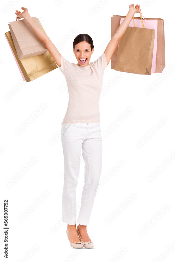 Full-length portrait of an attractive young woman raising up shopping bags with both hands isolated 