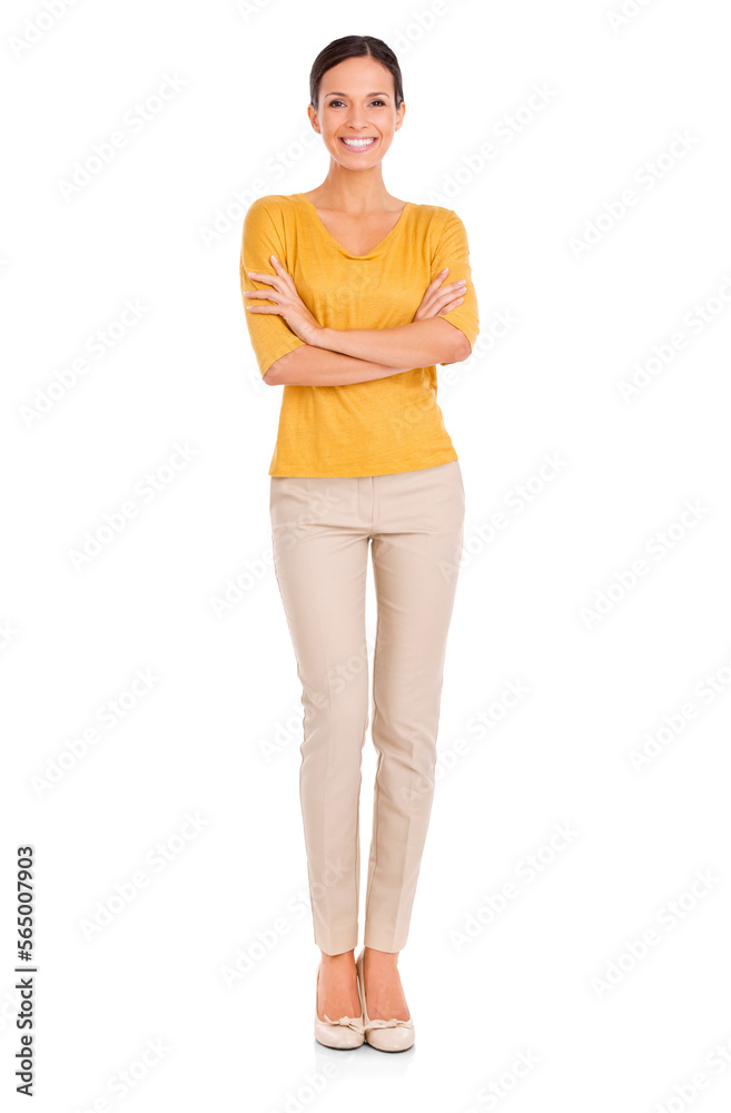 A casually dressed young woman standing with her arms folded isolated on a PNG background.