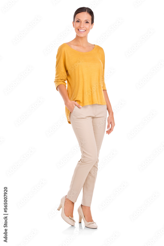 Full-length shot of an attractive young woman with her hands in the pocket isolated on a PNG backgro