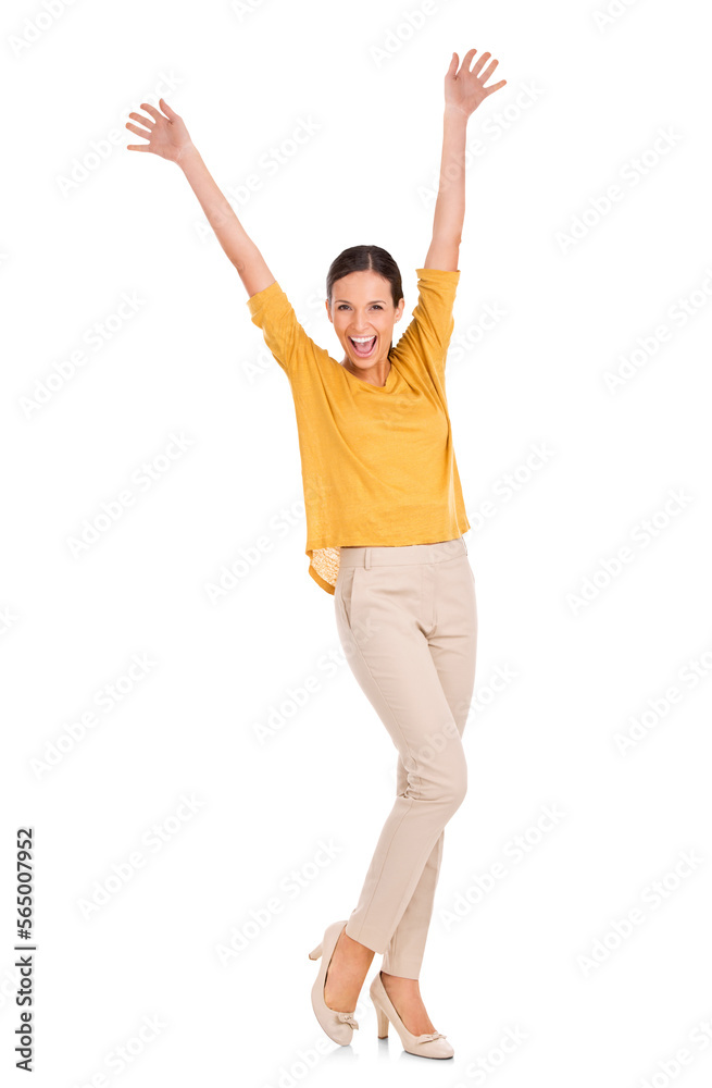 Full-length portrait of an attractive young woman raising both her hands isolated on a PNG backgroun