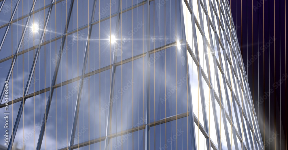 Spots of lights over tall building model against blue background