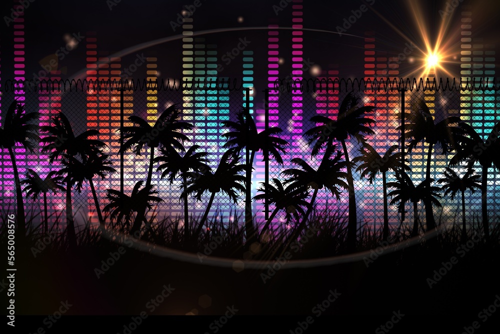 Silhouette of palm trees, music equalizer and spot of light against black background