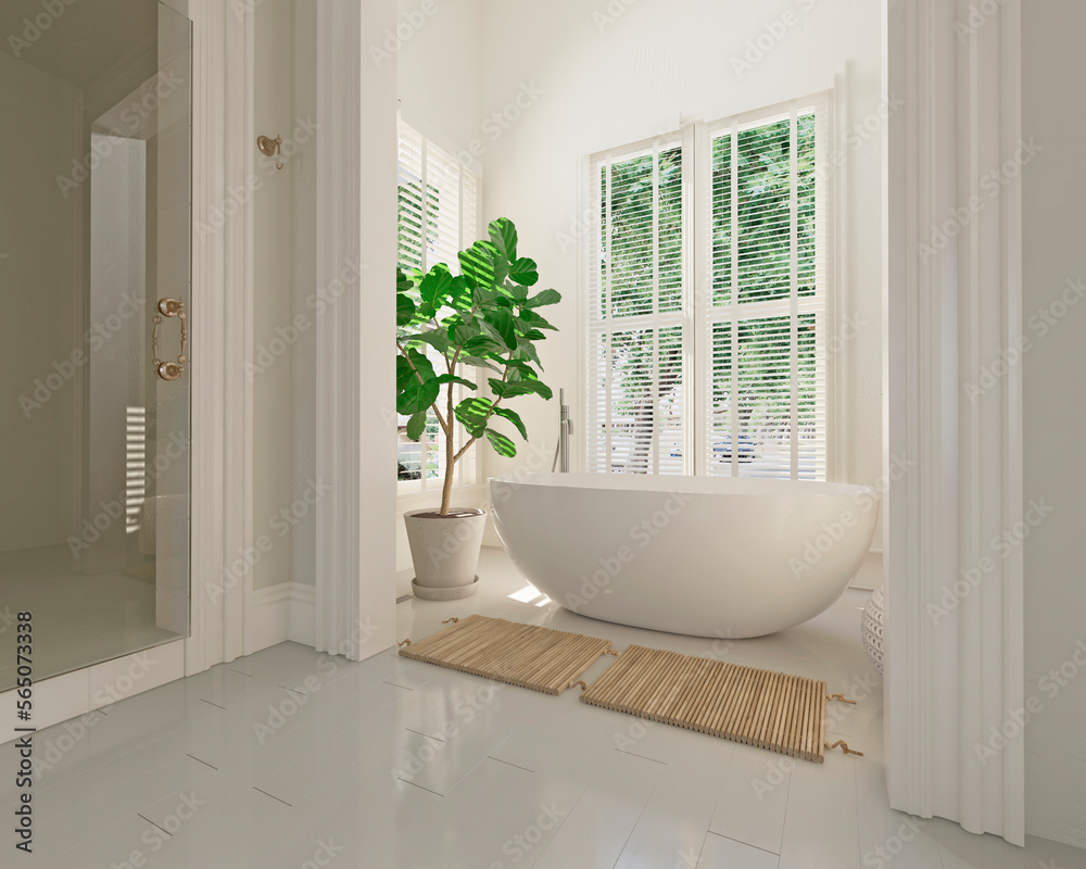 Modern bathroom interior with wooden decor in eco style. 3D Render	