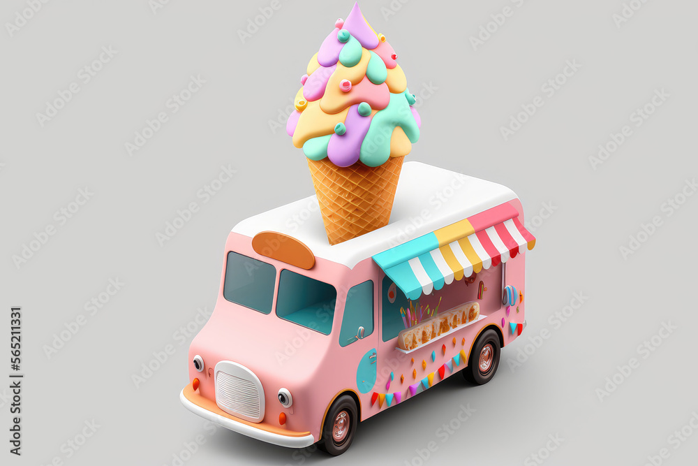 Ice cream food truck, isolated van, cartoon pink car for street food ice cream desserts selling. caf