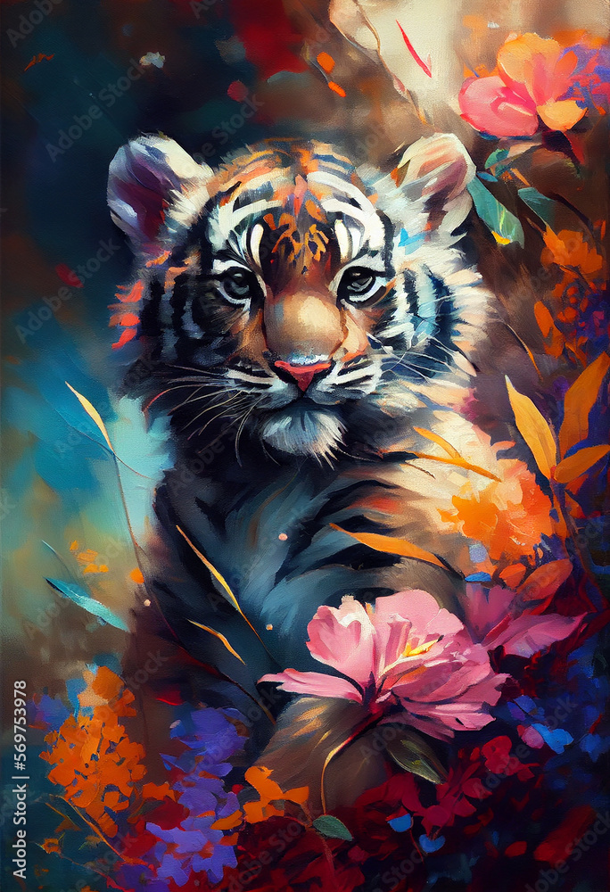 A charming portrait of a tiger with a dynamic pose is depicted in this stunning oil painting. The ti