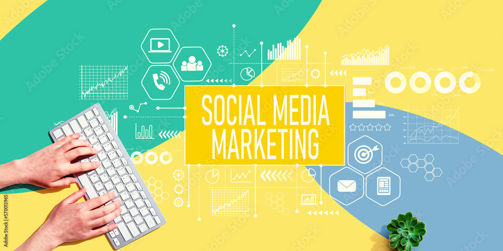 Social media marketing theme with person using a computer keyboard