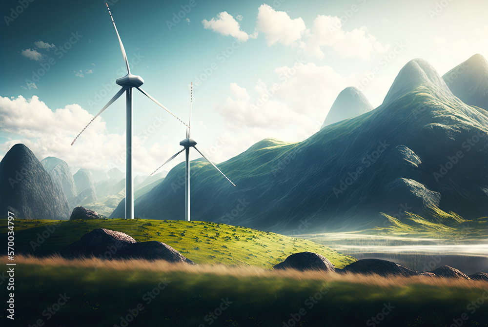 Landscape with windmills. Renewable electricity technology. Generative AI