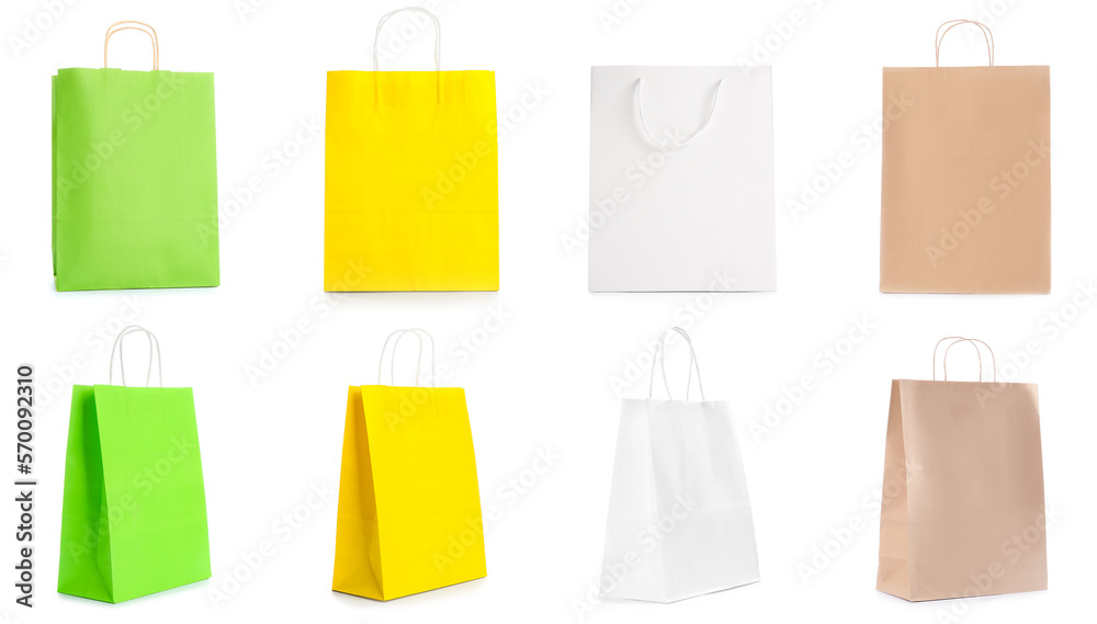 Collage of paper shopping bags on white background