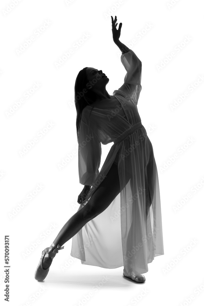 Silhouette of female ballerina dancing on white background