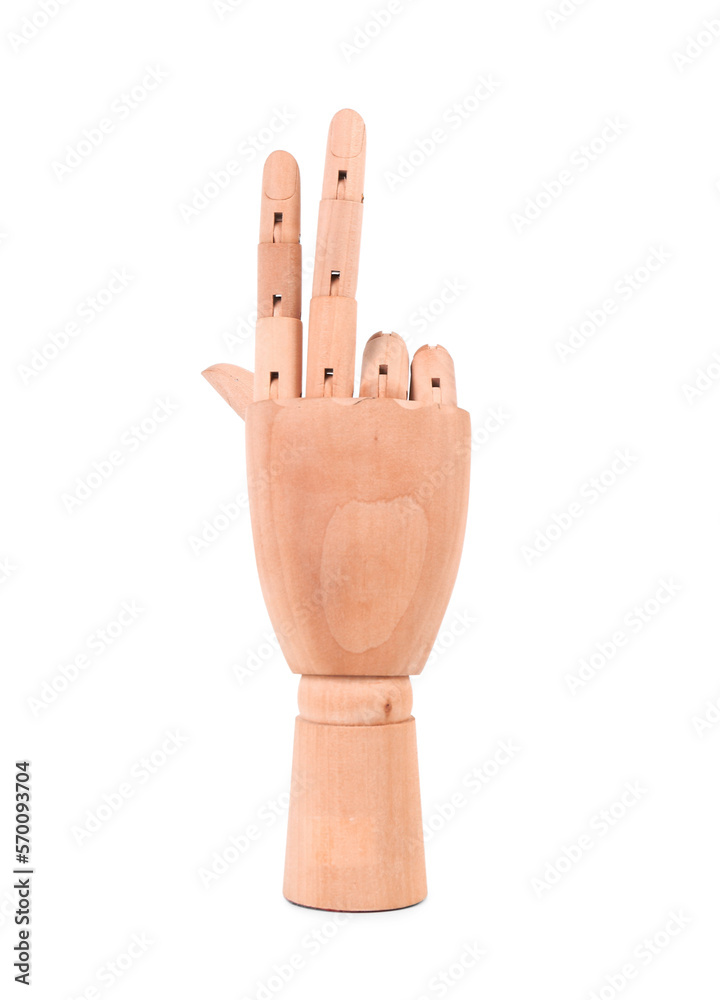 Decorative wooden hand showing two fingers on white background