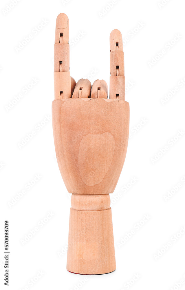 Decorative wooden hand showing  devil horns  on white background