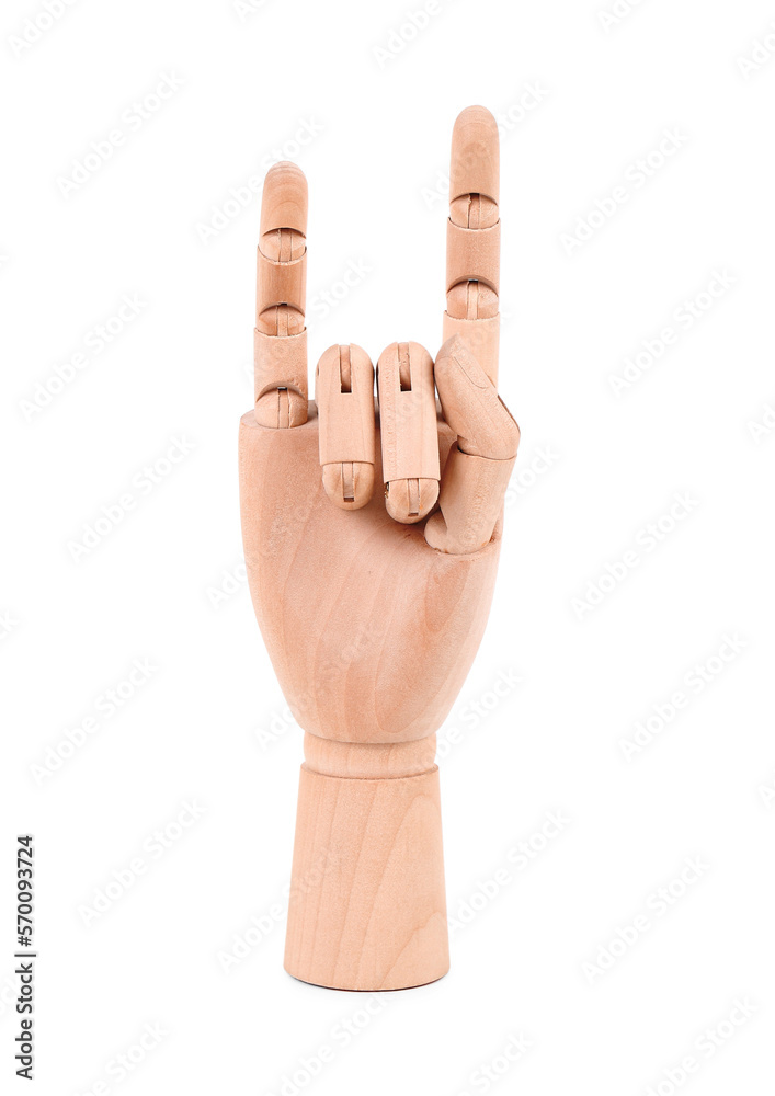 Decorative wooden hand showing  devil horns  on white background