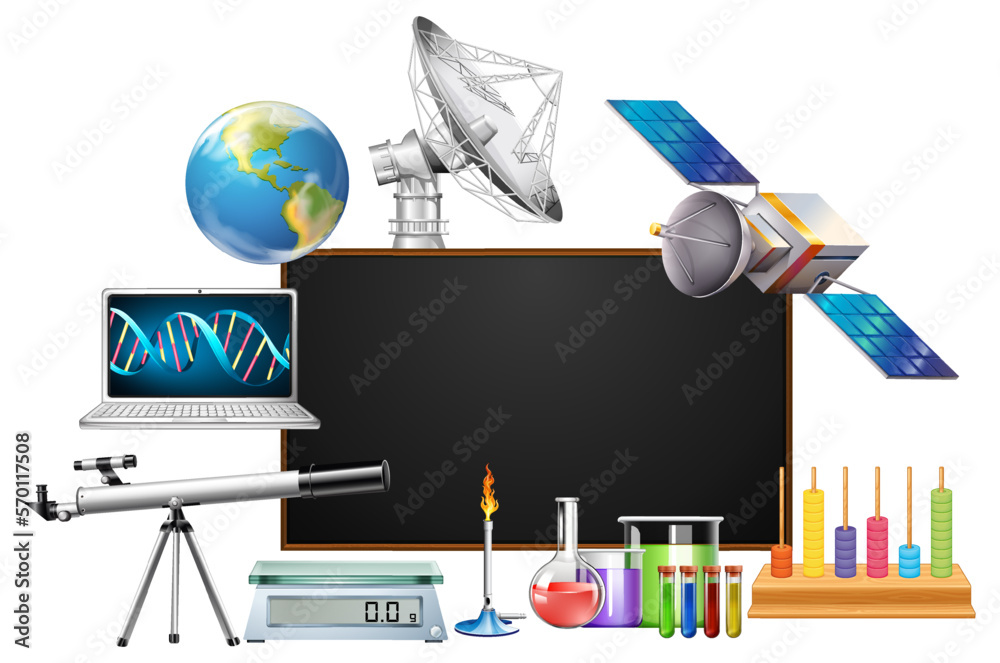 Empty board template decorated with science objects