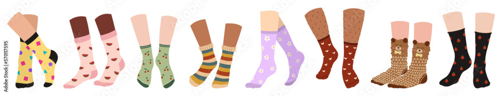 Set of human legs with stylish socks on white background