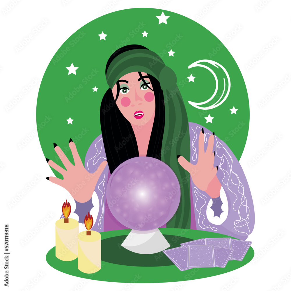 Fortune teller with crystal ball and oracle cards on white background