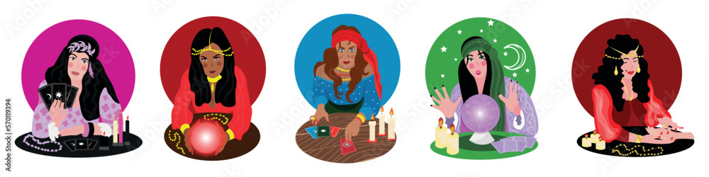 Set of female fortune tellers on white background