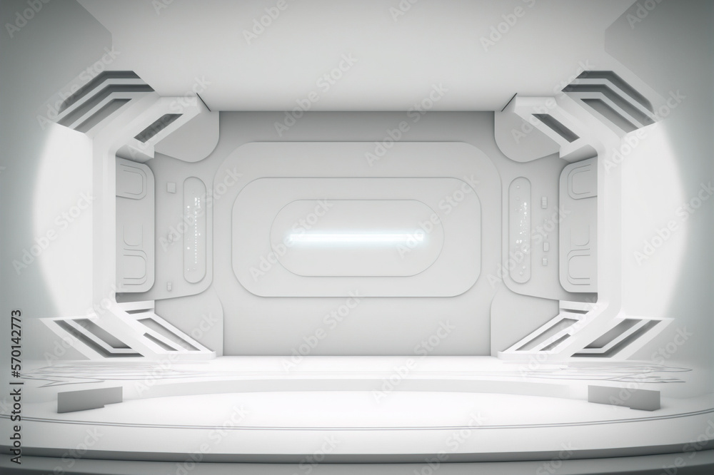 Futuristic stage in a spaceship showroom floor with copy space for product display mock up . White c