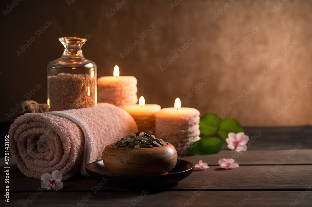 AI Generative image, spa accessory composition set in spa hotel , beauty wellness center . Spa produ