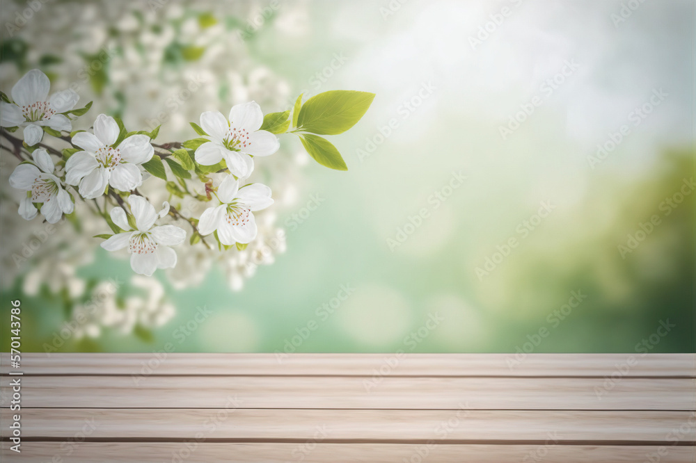 Empty table for product display with flower spring blur background . Sublime Generative AI image .