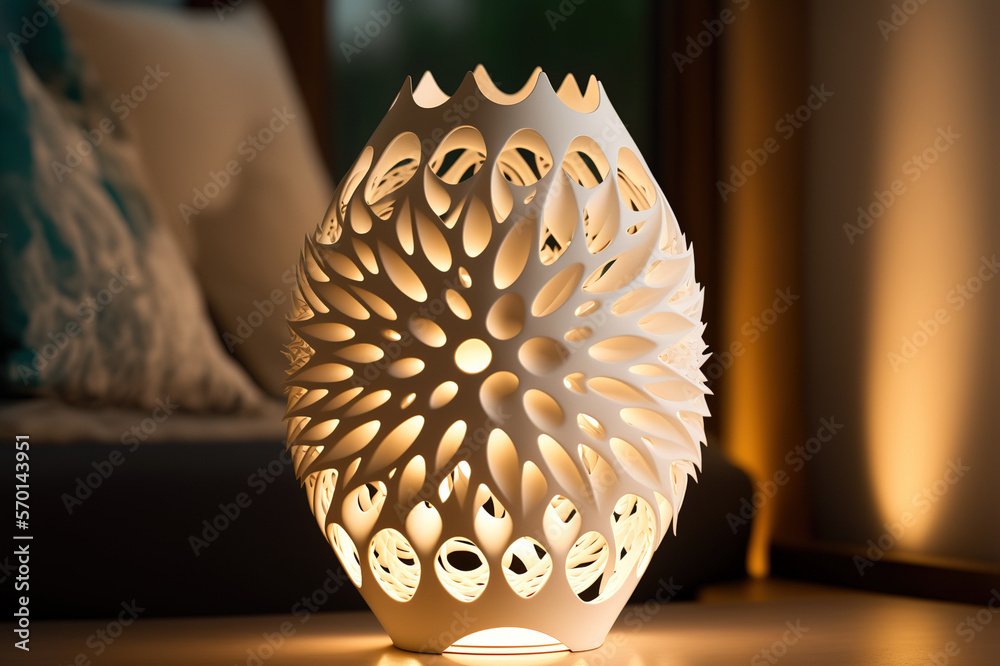 Lamp on bedside table at night prototype by 3D printing technology . Sublime Generative AI image .