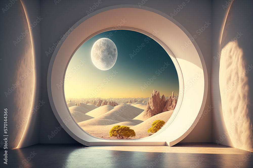 A room with round glass window overlooking beautiful landscape background . Hotel futuristic showroo