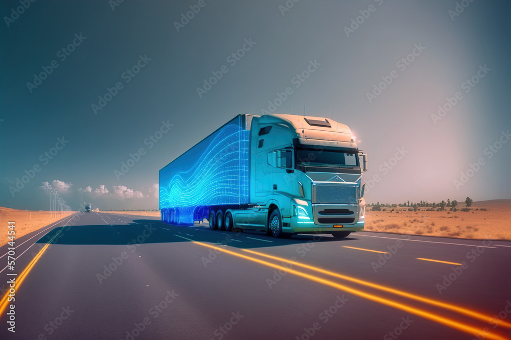 Self driving futuristic freight truck deliver goods to warehouse on city highway road with advanced 