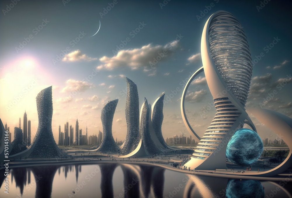 Skyline of futuristic city with fictional architecture in panoramic view . Megalopolis landscape wit