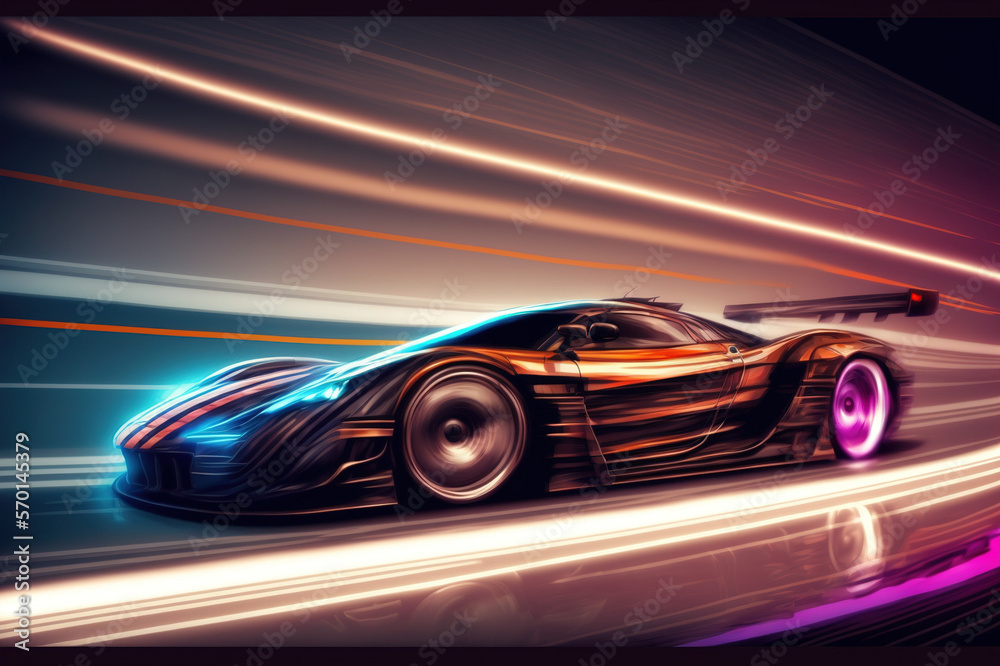 Speeding fast sports car drives on highway road with motion blur effects creating light trailing env