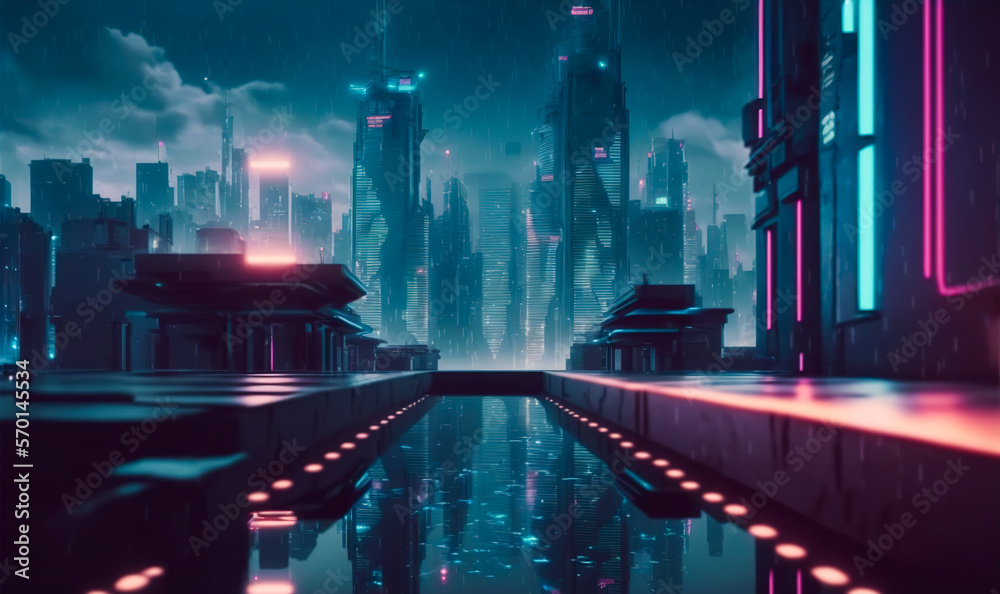 Futuristic city with neon light of pink and blue illuminated city street . Sublime Generative AI ima