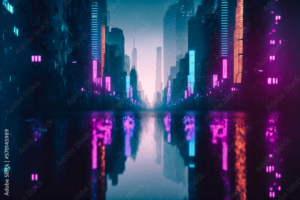 Futuristic city with neon light of pink and blue illuminated city street . Sublime Generative AI ima