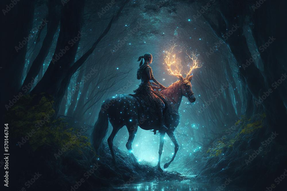 Night fantasy image of mystic woman riding deer in magical forest illumination . Sublime Generative 