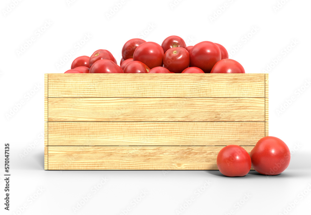 Tomatoes in a wooden crate on transparent background, PNG file