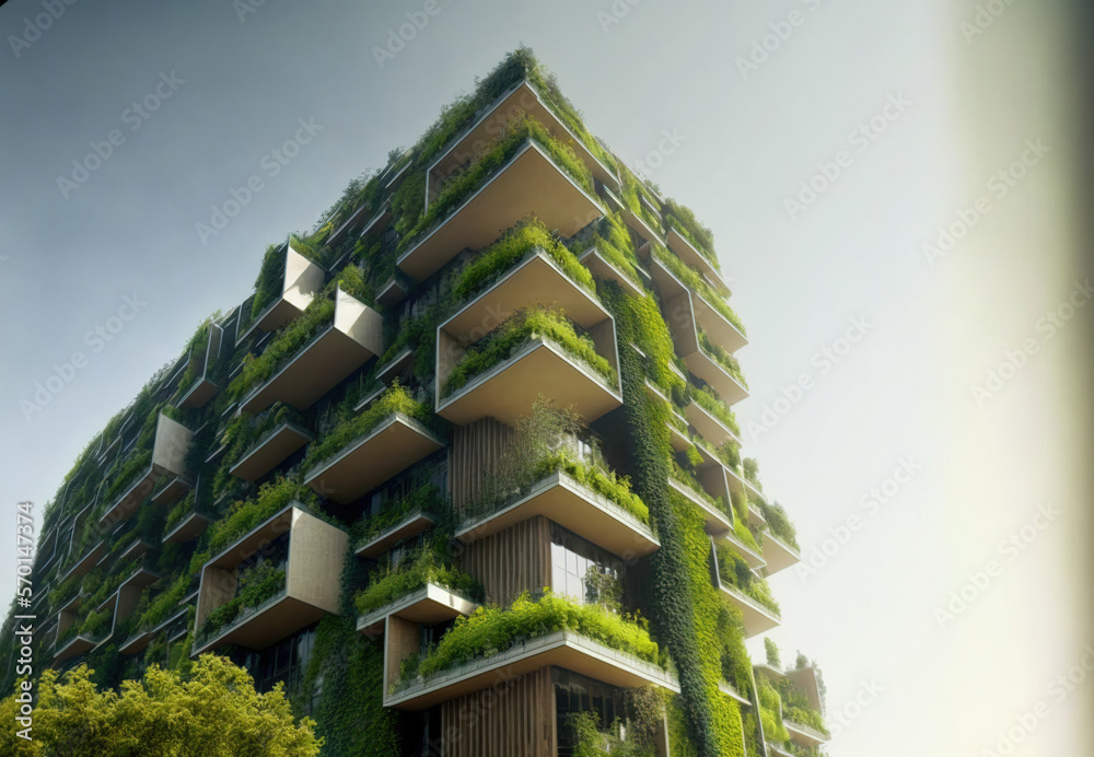 Eco-friendly green building with vertical garden design for sustainability . Sublime Generative AI i