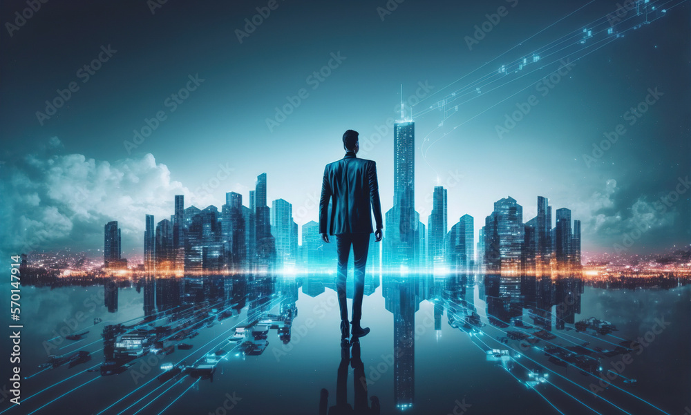 Businessman walking on virtual reality platform to futuristic smart city of opportunity with interne