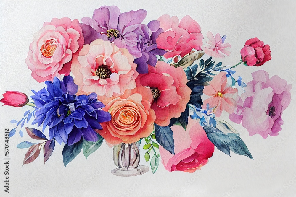 Flower bouquet set watercolor pieces of artwork design. Spring and summer flower nature in style of 