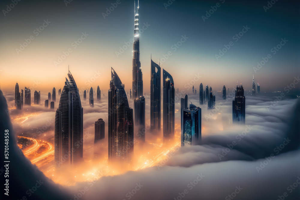 Top of skyscrapers building high above the clouds in the morning sunrise . Futuristic architecture o