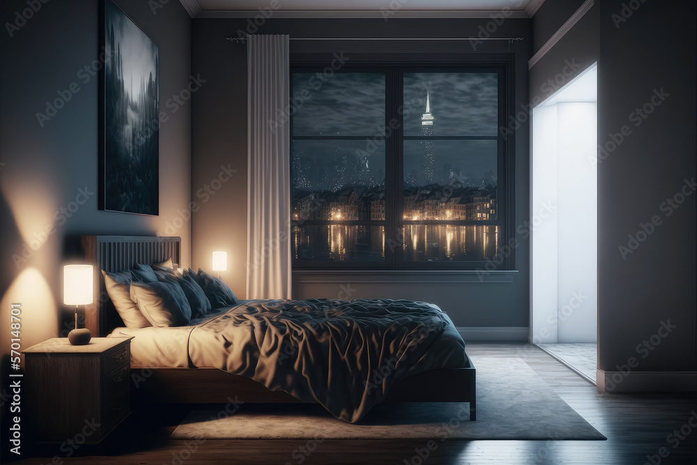 Interior of luxury penthouse bedroom at night. Peculiar AI generative image.