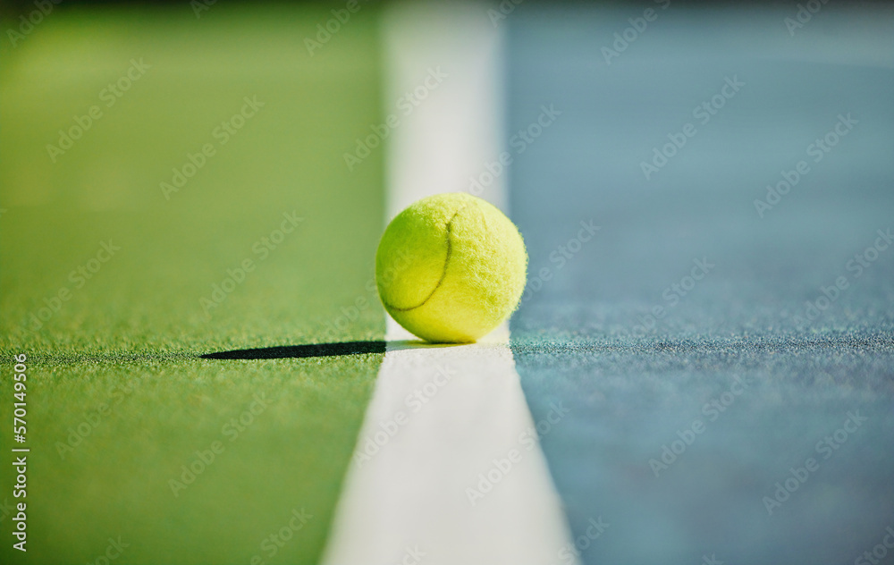 Tennis ball, court and green texture of line between grass and turf game with no people. Sports, emp