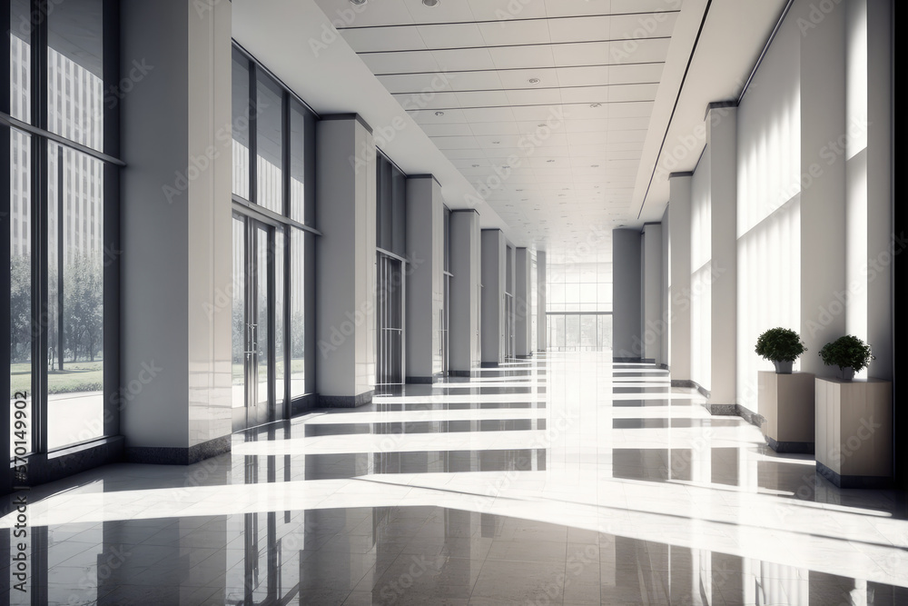 Empty entrance hall of modern public station or large convention center lobby . Contemporary beautif