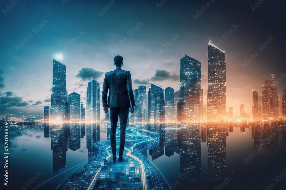 Businessman walking on virtual reality platform to futuristic smart city of opportunity with interne