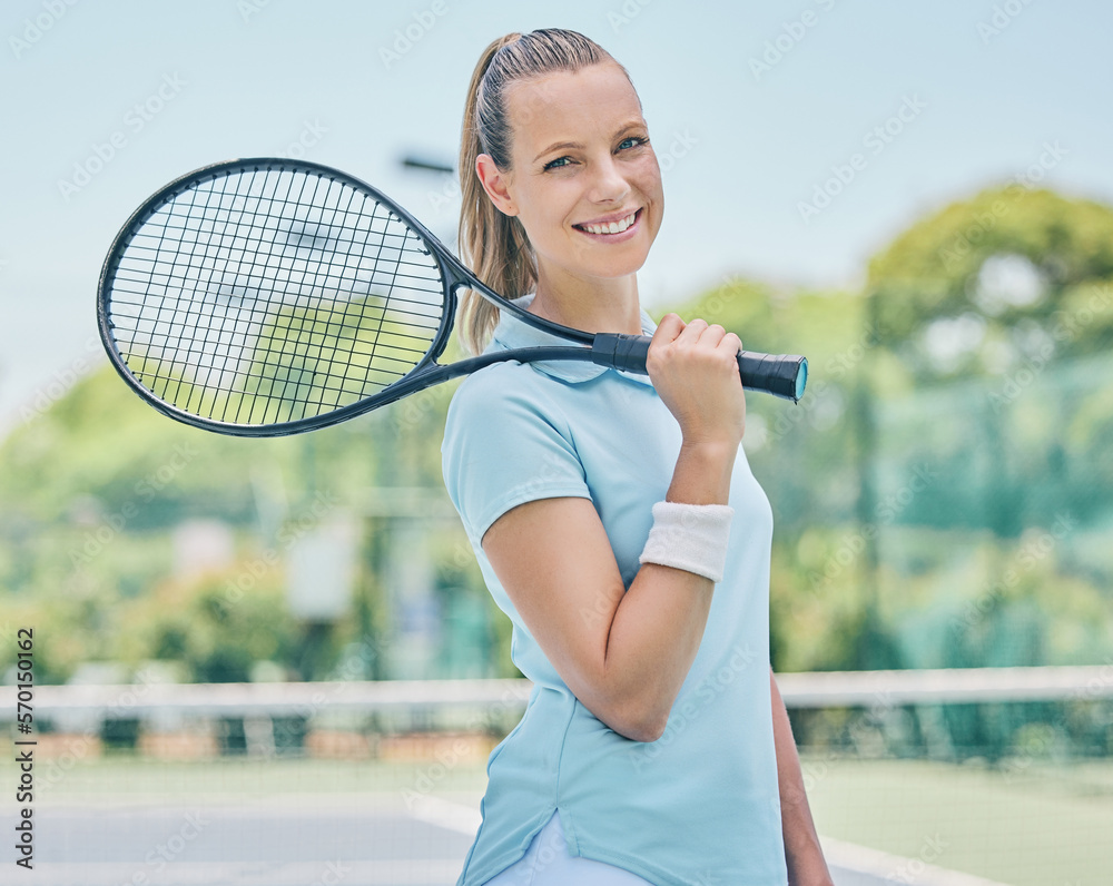 Woman, tennis player and portrait smile in sports game for exercise, cardio or hobby on the court. H