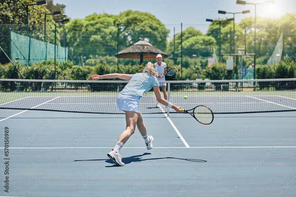 Sports, tennis and women playing a match for workout, fun or training on an outdoor court. Fitness, 