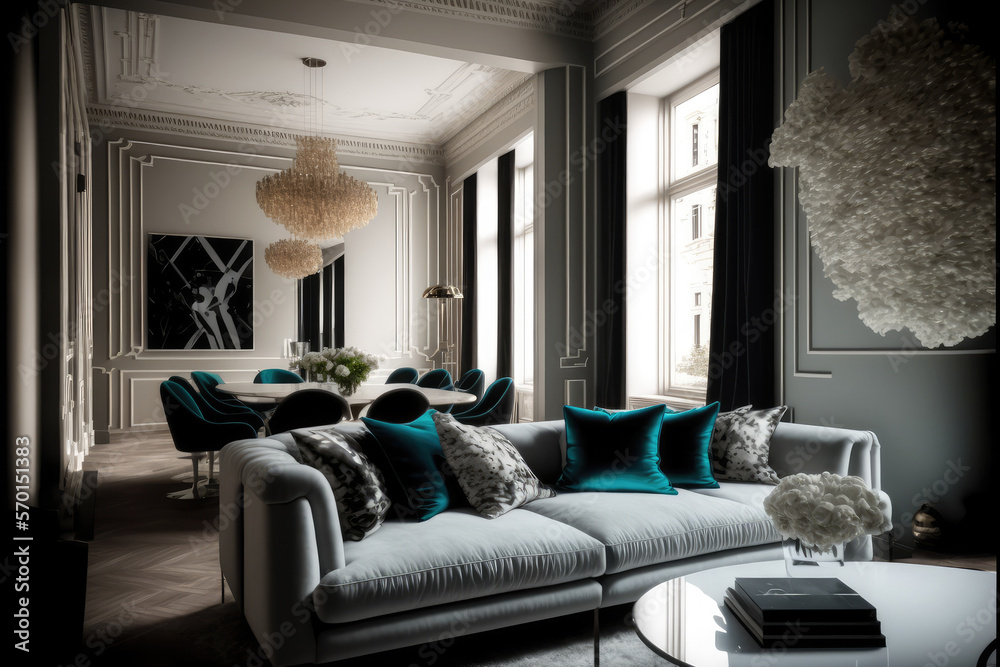 Luxury interior of home or hotel living room design with elegant retro stylish furniture decorated w