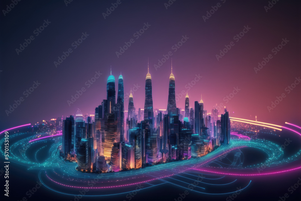 Smart city with communication network graphic connecting the city with wireless internet technology.